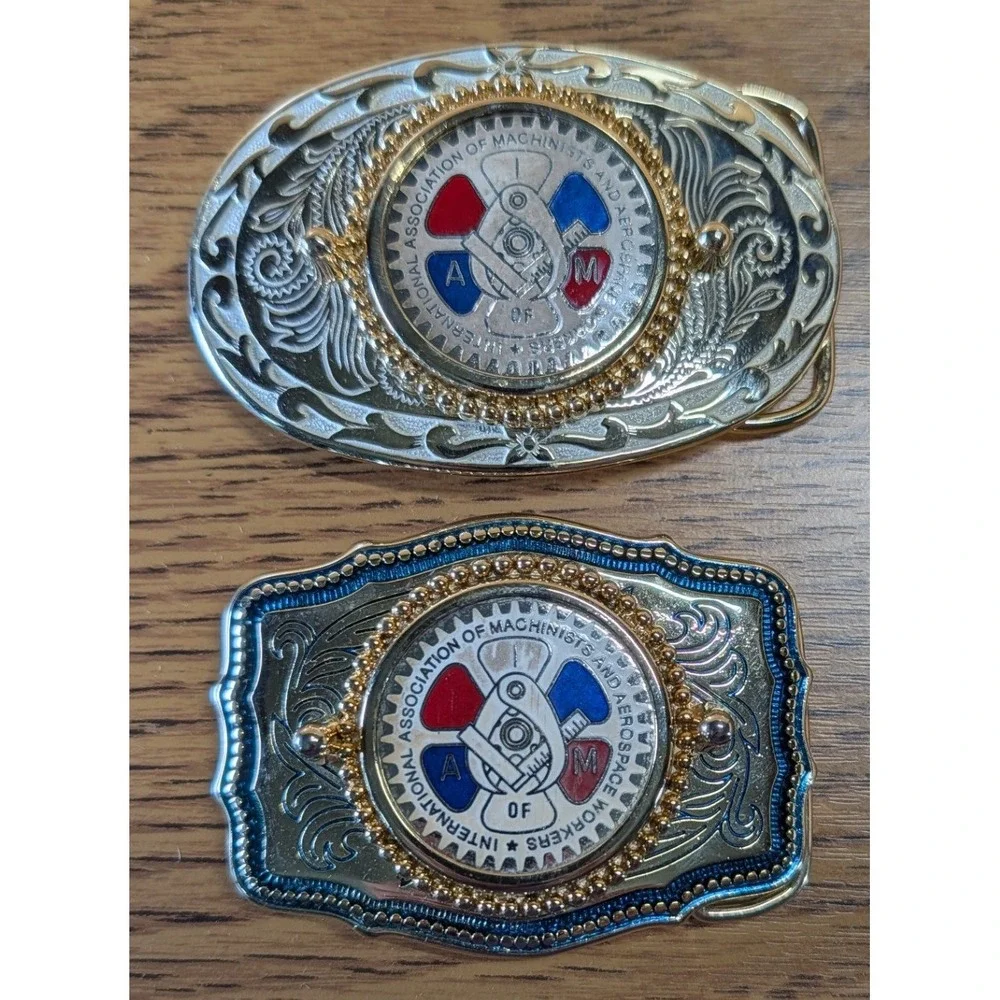 Hard Hat Buckles IAMAW Union Machinist Aerospace Spinning Belt Buckle Lot of 2